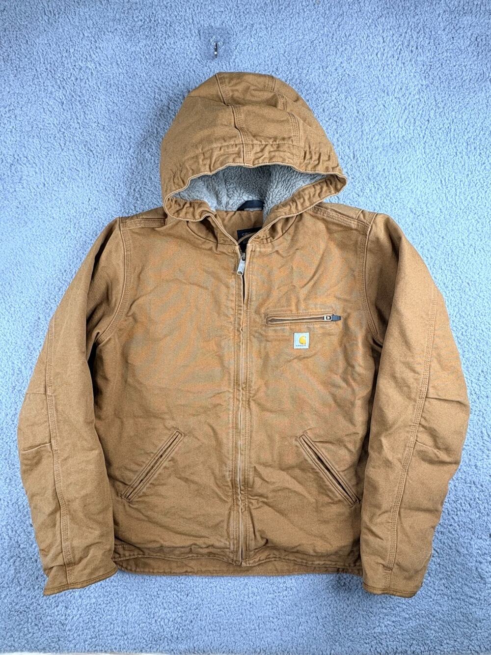 Carhartt Windbreaker Jacket Mens Large Brown Sherpa Lined Hooded Full Zip